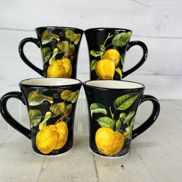 Certified International COLOR BAKERY FRUIT Damask Black Golden Pears Mugs Set 4 - Picture 2 of 16